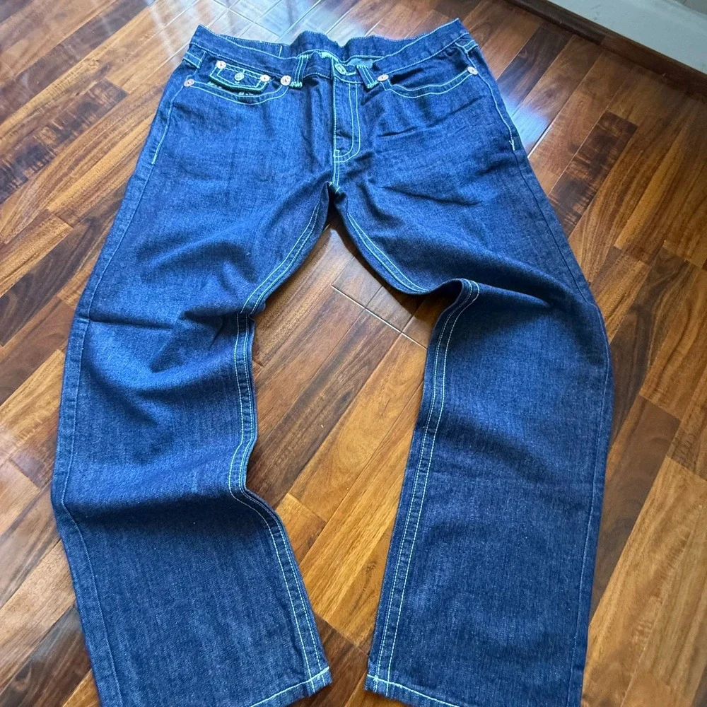 True Religion Joey Super T Indigo Blue Contrast Stitch Flare Jeans Mens 42x34‎